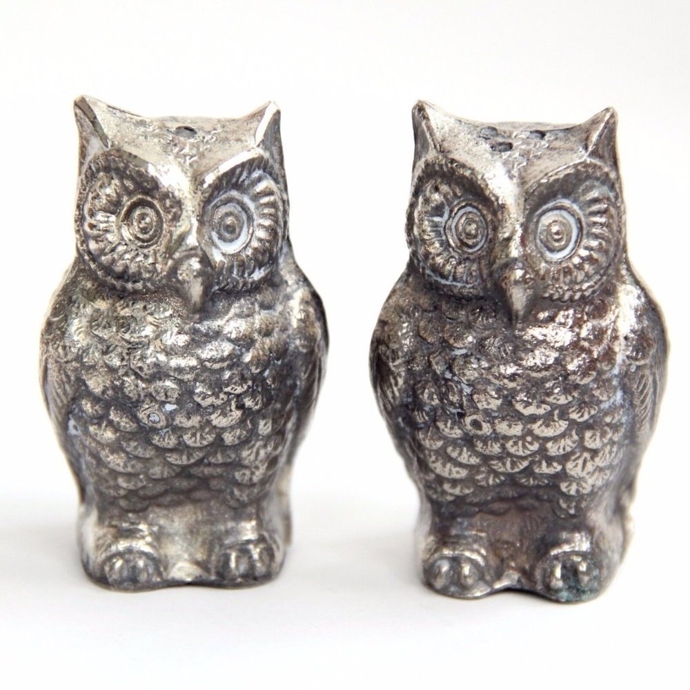 Silver Metal Owl Salt & Pepper Shakers Owls Shaker‎ Set